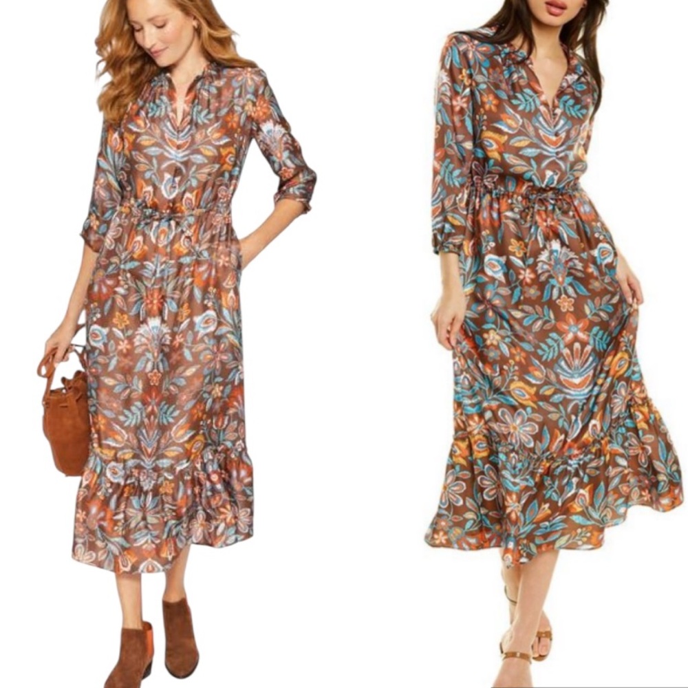 NWT J. McLaughlin Liberty Silk Floral Midi Dress in Brown/Multi Fluer Stitch - M